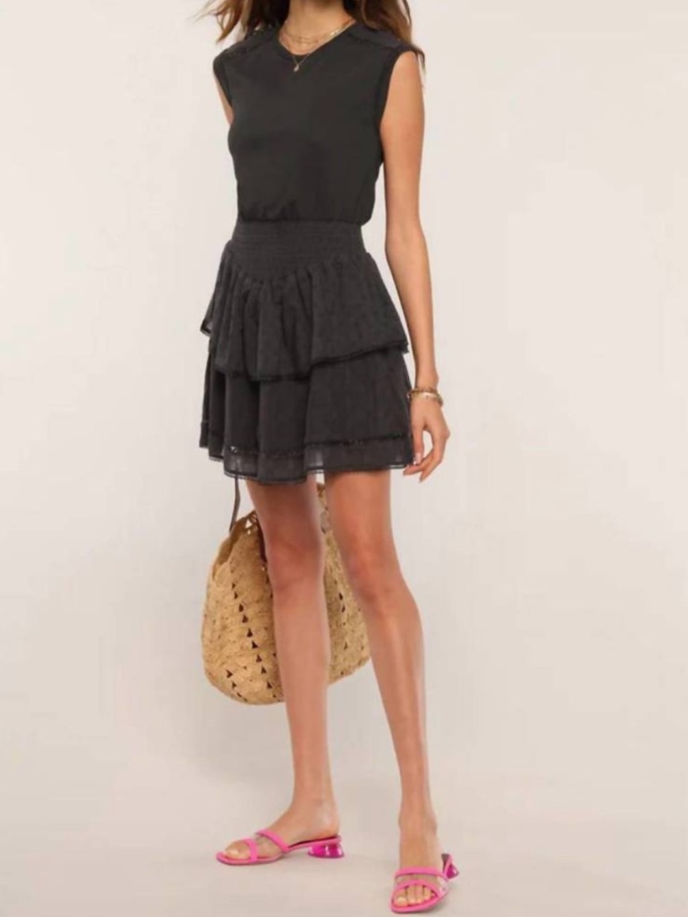 Heartloom Talia Mini Dress Black Smocked Waist Tiered Ruffle Lace Dress S - Picture 2 of 10